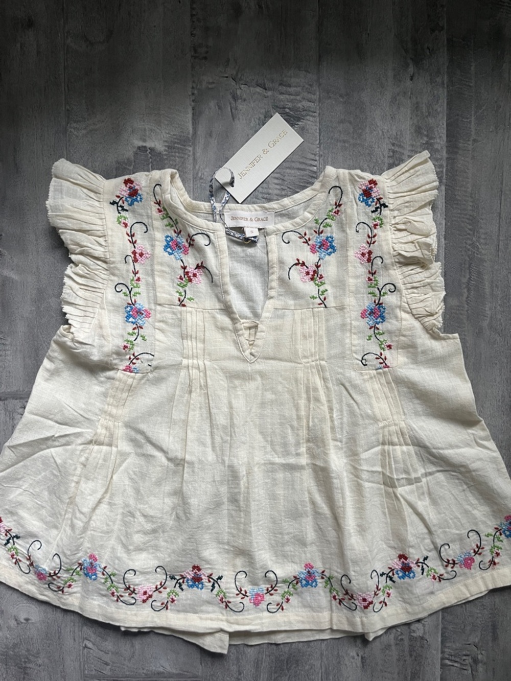 White Embroidered Ruffle-Sleeve Cotton Blouse
